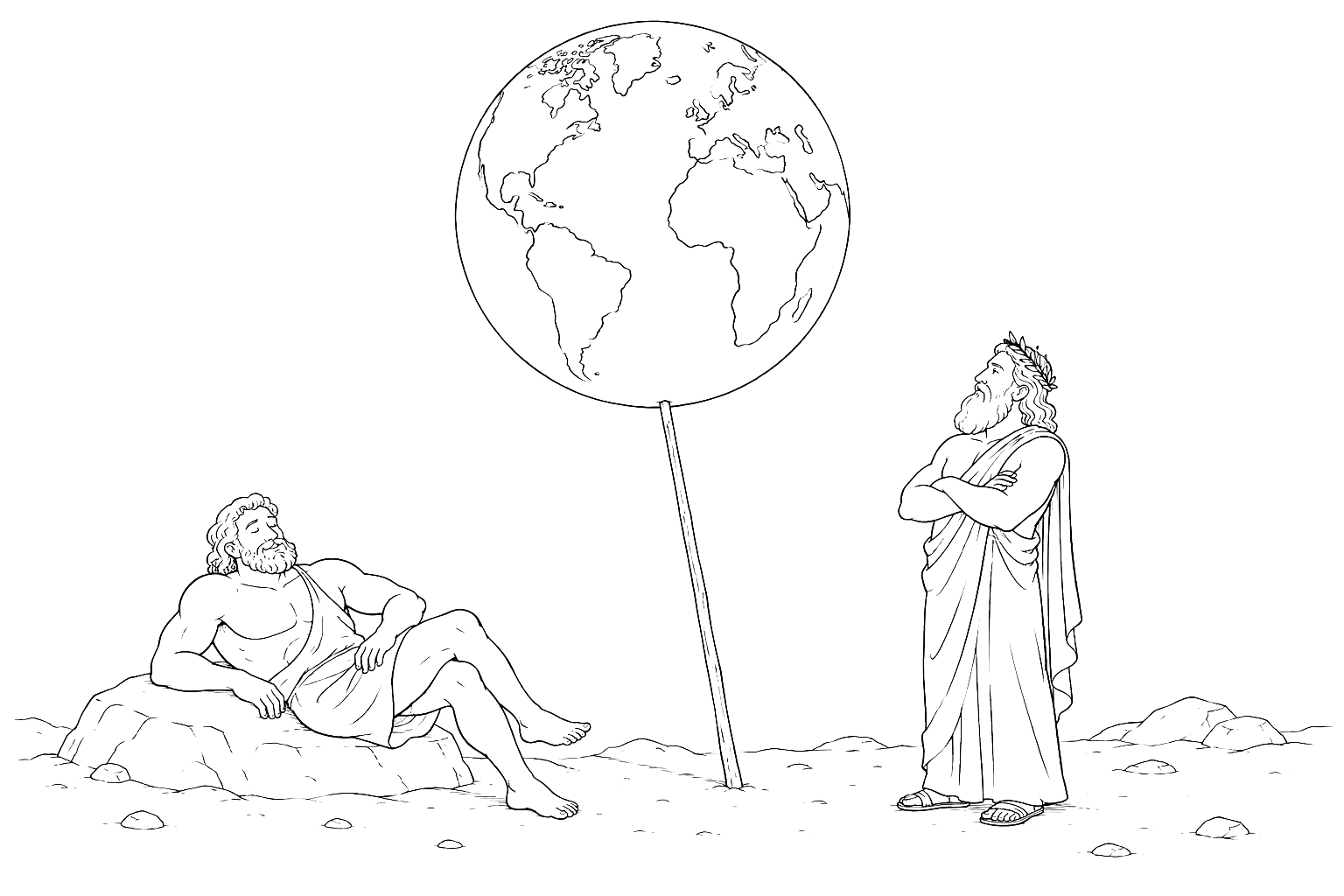 Sparse black-and-white line cartoon: Atlas reclines at ease on a low rock, hands nowhere near the globe he is famous for carrying; the Earth is held up instead by a single thin wooden pole planted in the ground beside him, while Zeus stands opposite with his arms folded, looking up at it without concern.