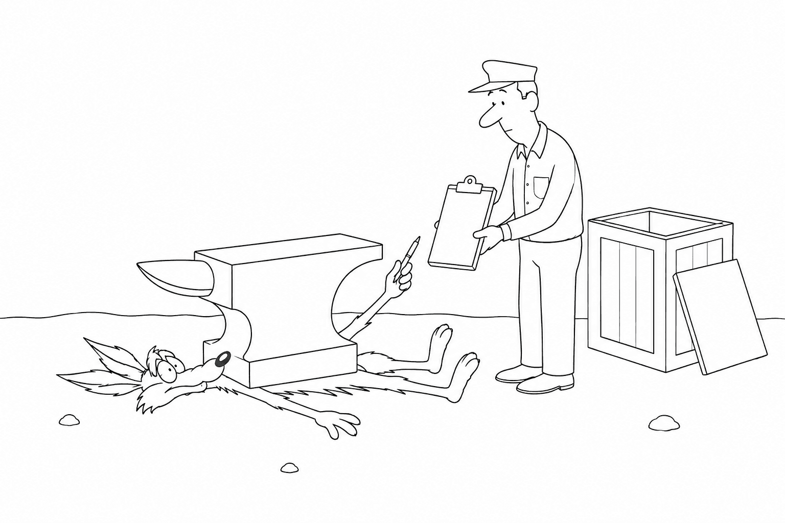 Sparse black-and-white line cartoon: a cartoon coyote lies flattened on his back in the desert beneath an enormous anvil, still conscious and holding up a pen, while a uniformed courier stands over him patiently holding out a clipboard for his signature; the crate the anvil arrived in stands open behind them.