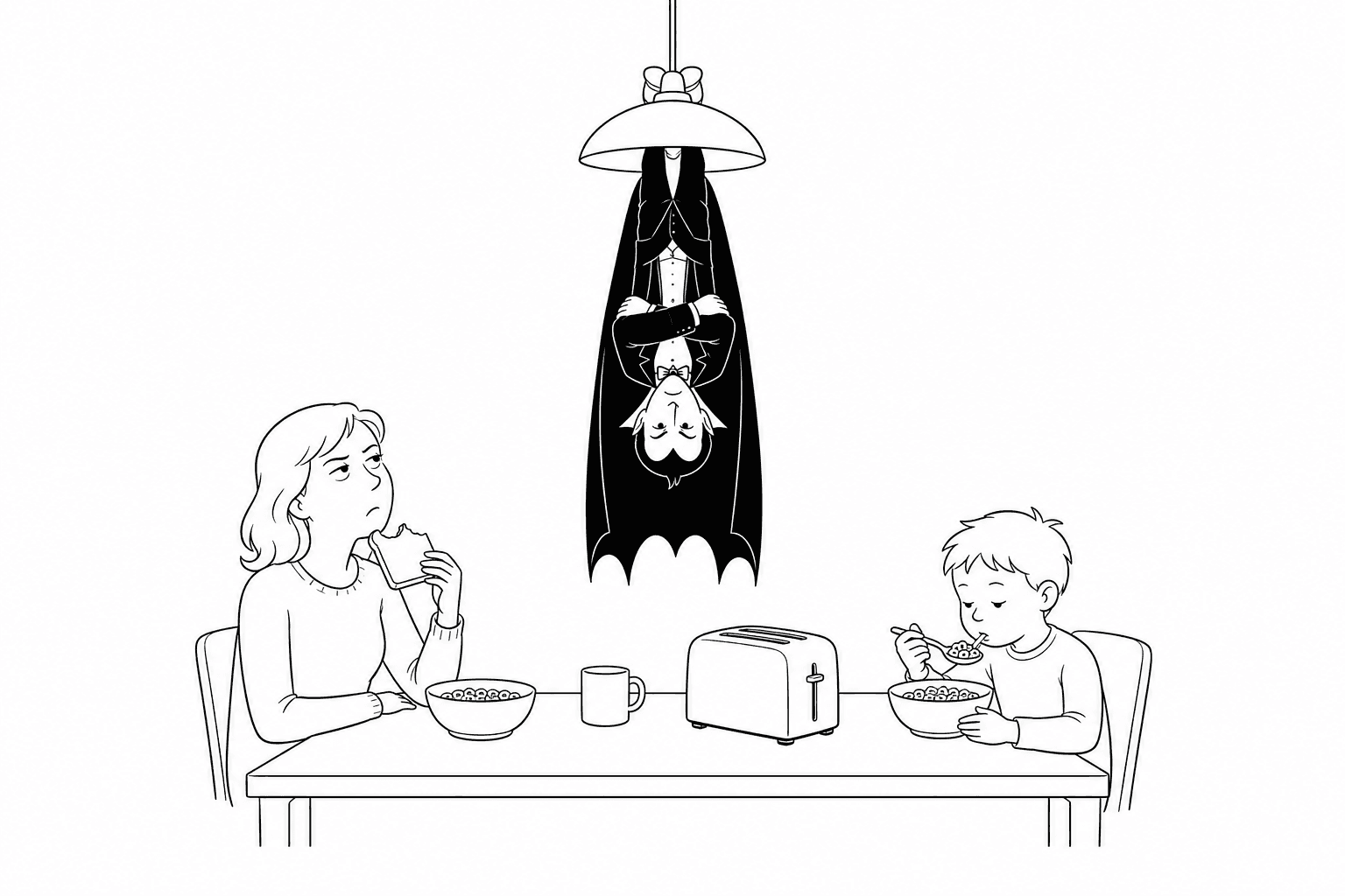 Sparse black-and-white line cartoon: a vampire in evening dress and a black cape hangs upside down by his feet from the pendant lamp above a family breakfast table, arms folded and entirely at ease; the woman eating toast below looks up at him with weary irritation while the child beside her carries on with a bowl of cereal.