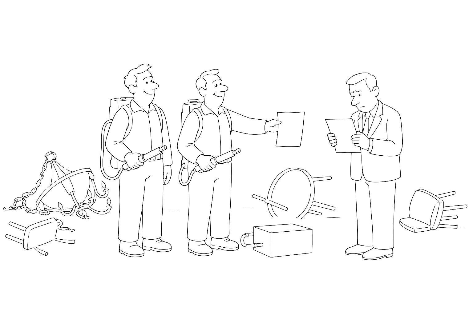 Sparse black-and-white line cartoon: two ghost catchers in plain jumpsuits with backpack devices hand a single sheet of paper to a hotel manager in a suit, who holds it close and frowns at it; around them the ballroom lies wrecked, a chandelier down on the floor and tables and chairs overturned, and none of the three is looking at any of it.
