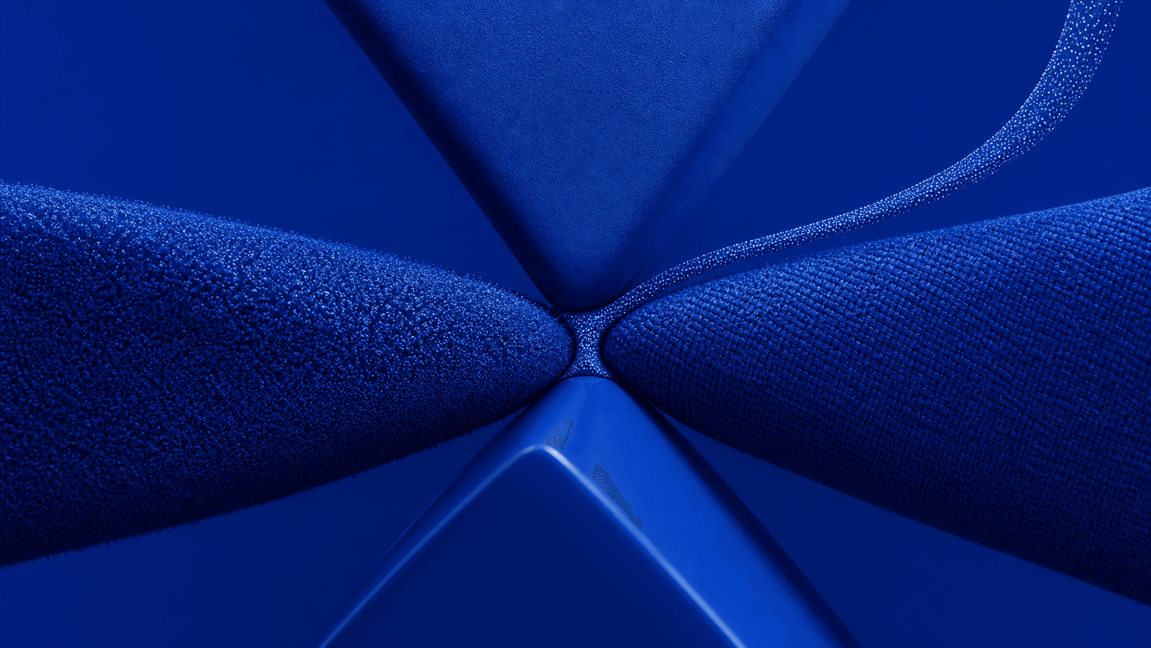 Four materially distinct ultramarine forces compress a fragile middle while one particle-bearing carrier bends out toward an open channel.