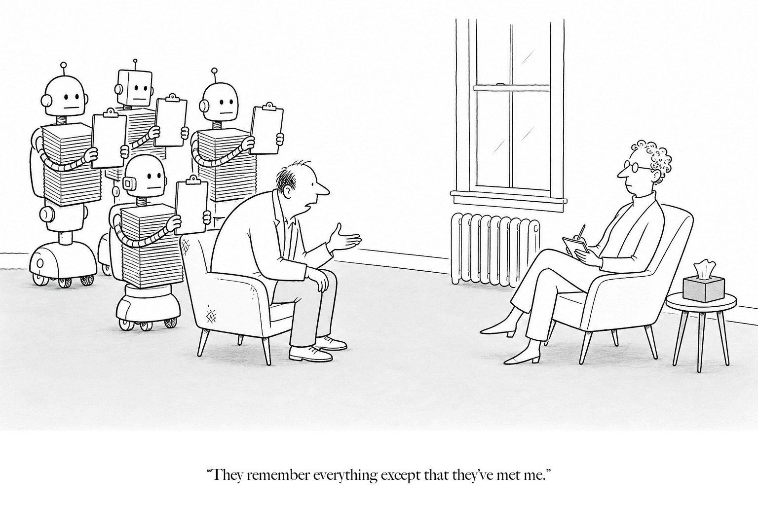 Four service robots hold thick dossiers about a weary patient while offering blank first-visit clipboards in a therapist’s office.