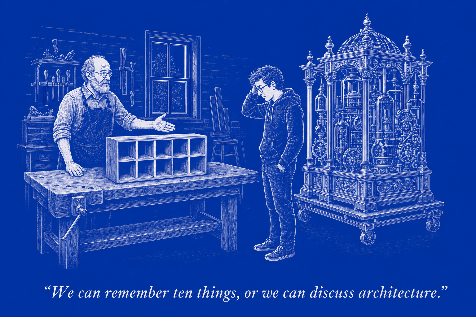 A pragmatic cabinetmaker offers a founder a plain ten-compartment memory box while the founder's enormous ornate memory apparatus waits on a dolly.