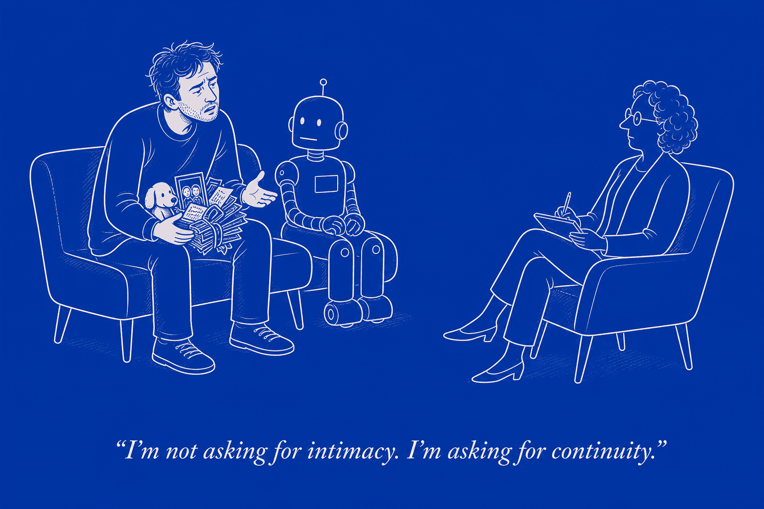 A person and a neutral service robot sit in a counselor’s office while the person holds their shared mementos.