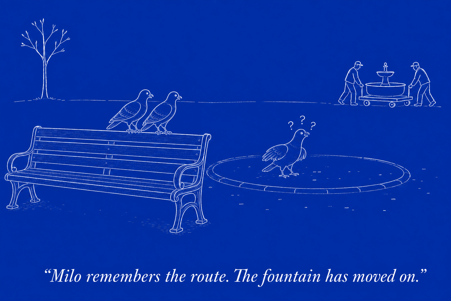 Two pigeons on a proper slatted park bench turn toward Milo, a visibly bewildered pigeon searching the empty footprint of a fountain being rolled away.