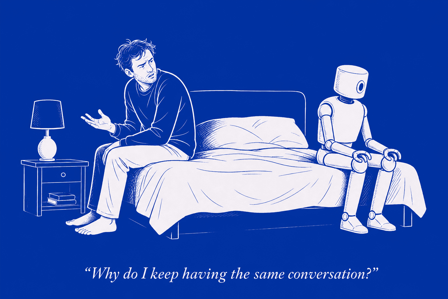 A frustrated human turns toward a neutral service robot as they sit on opposite edges of a bed after repeating the same conversation.