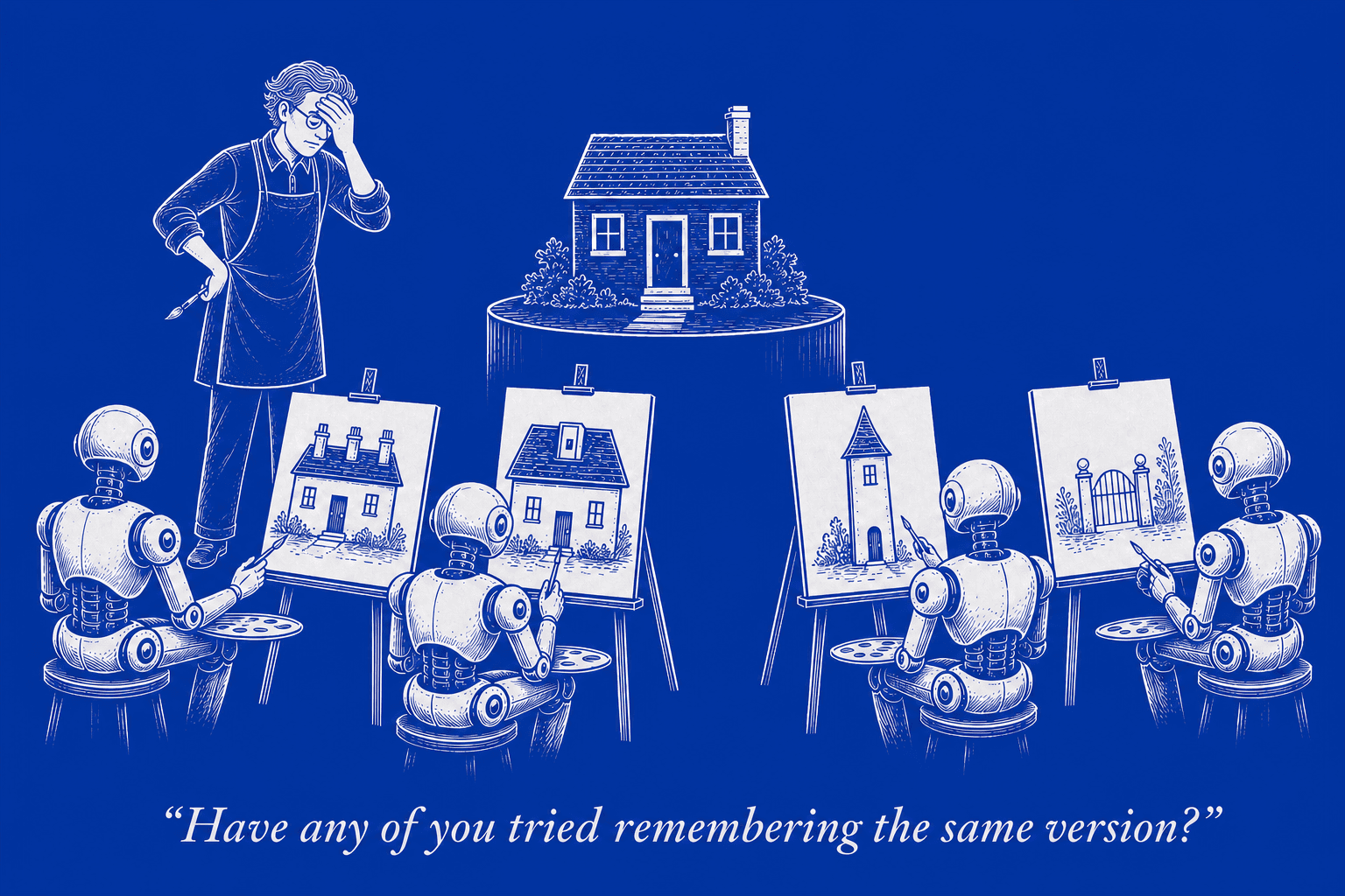Four matching robot students paint incompatible houses while their human instructor facepalms beside one real reference house.