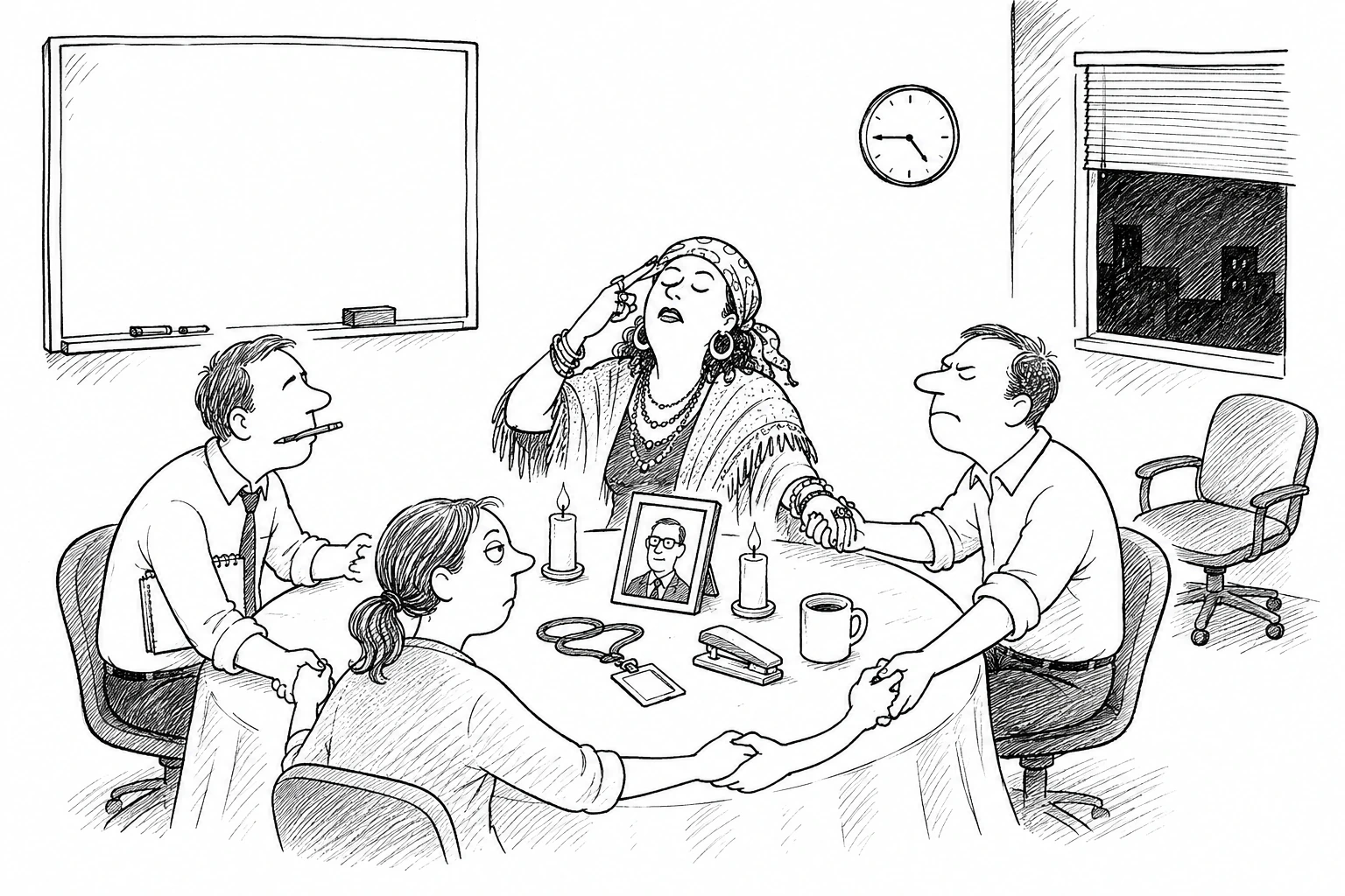 Editorial cartoon: colleagues hold a candlelit séance around a conference table, a theatrical medium mid-pronouncement, with a departed coworker's framed photo, lanyard, mug and stapler laid out like relics.