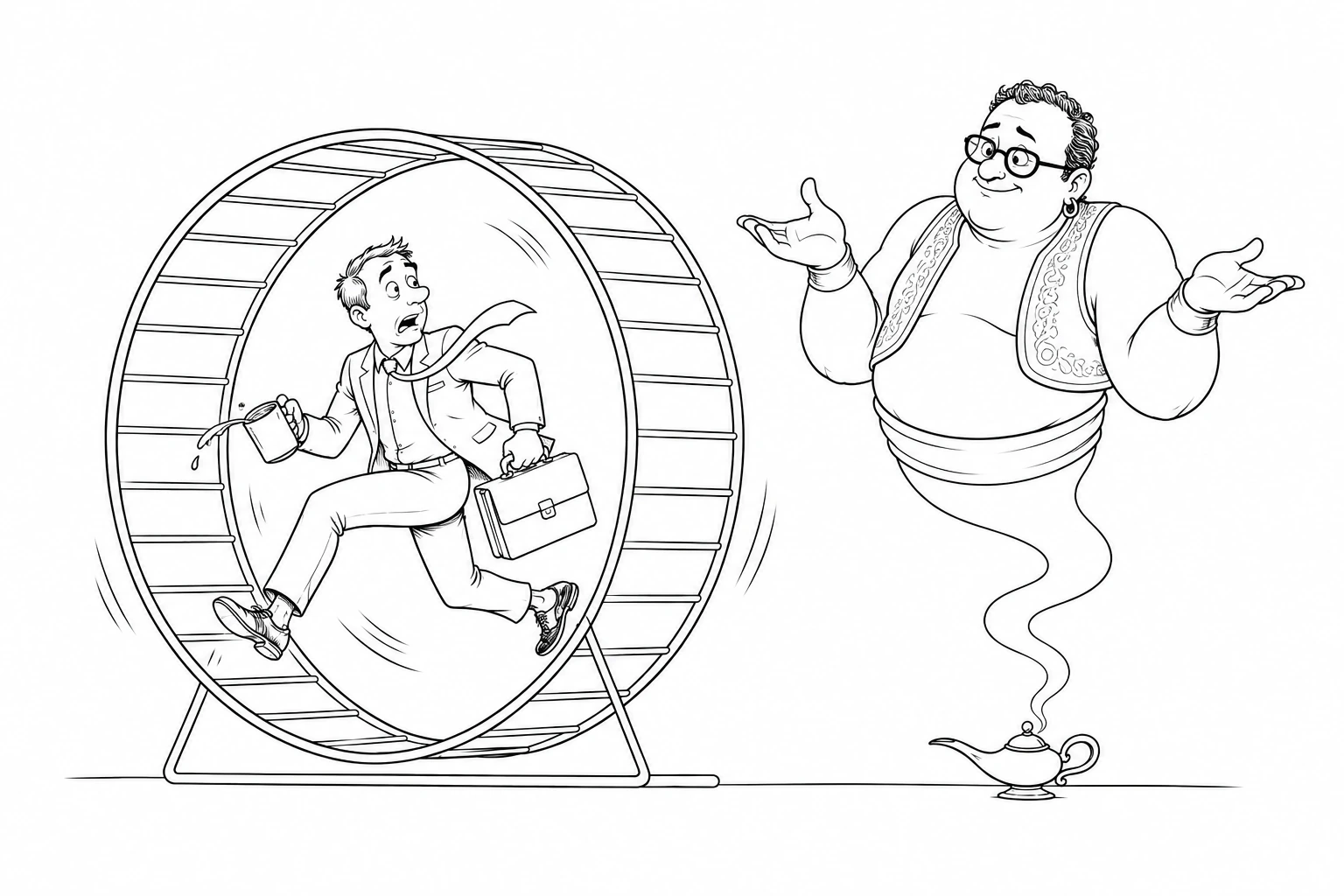 Editorial cartoon: a businessman runs inside an enormous hamster wheel, coffee slopping, while a plump genie rising from a lamp shrugs apologetically beside him.