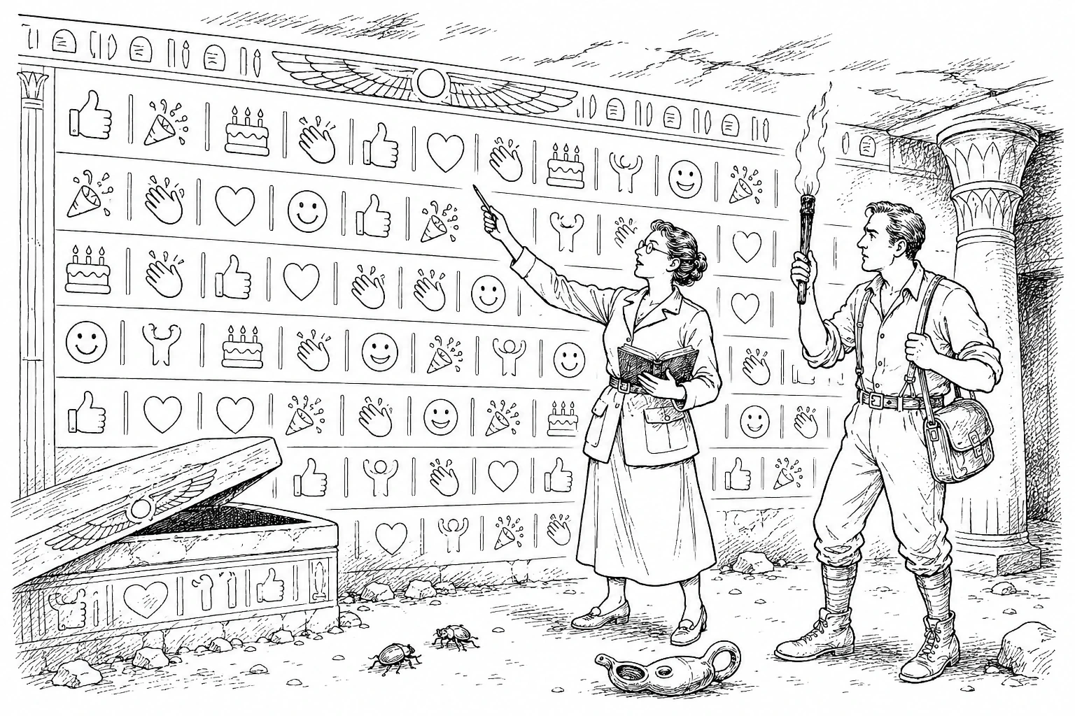 Editorial cartoon: two archaeologists in a torchlit burial chamber study a monumental wall of carved hieroglyphs in which every glyph is an emoji.