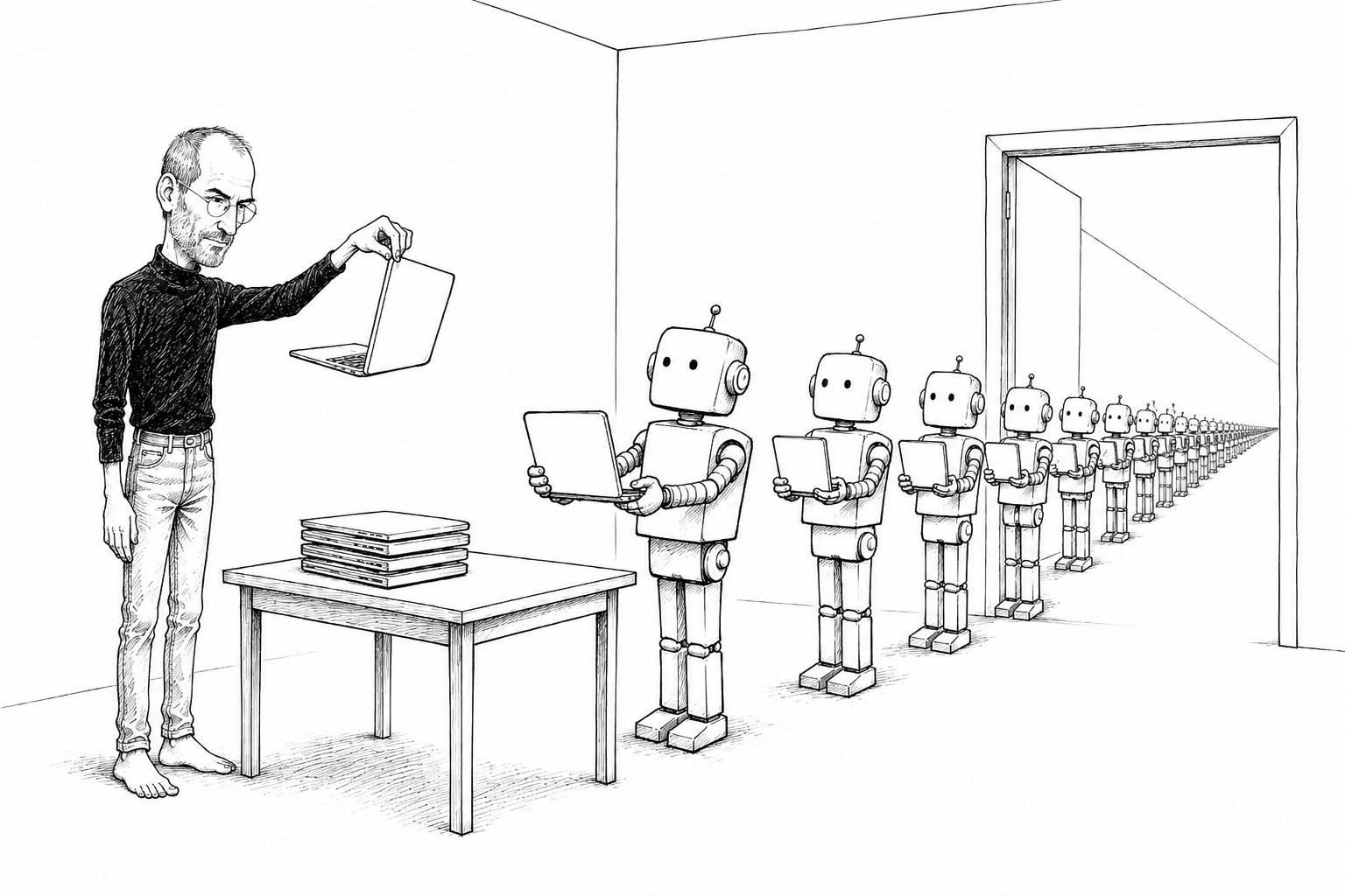 Editorial cartoon: a barefoot man in a black turtleneck holds a laptop at arm's length while a single-file queue of identical robots, each presenting a laptop, stretches out of the door and vanishes into the distance.