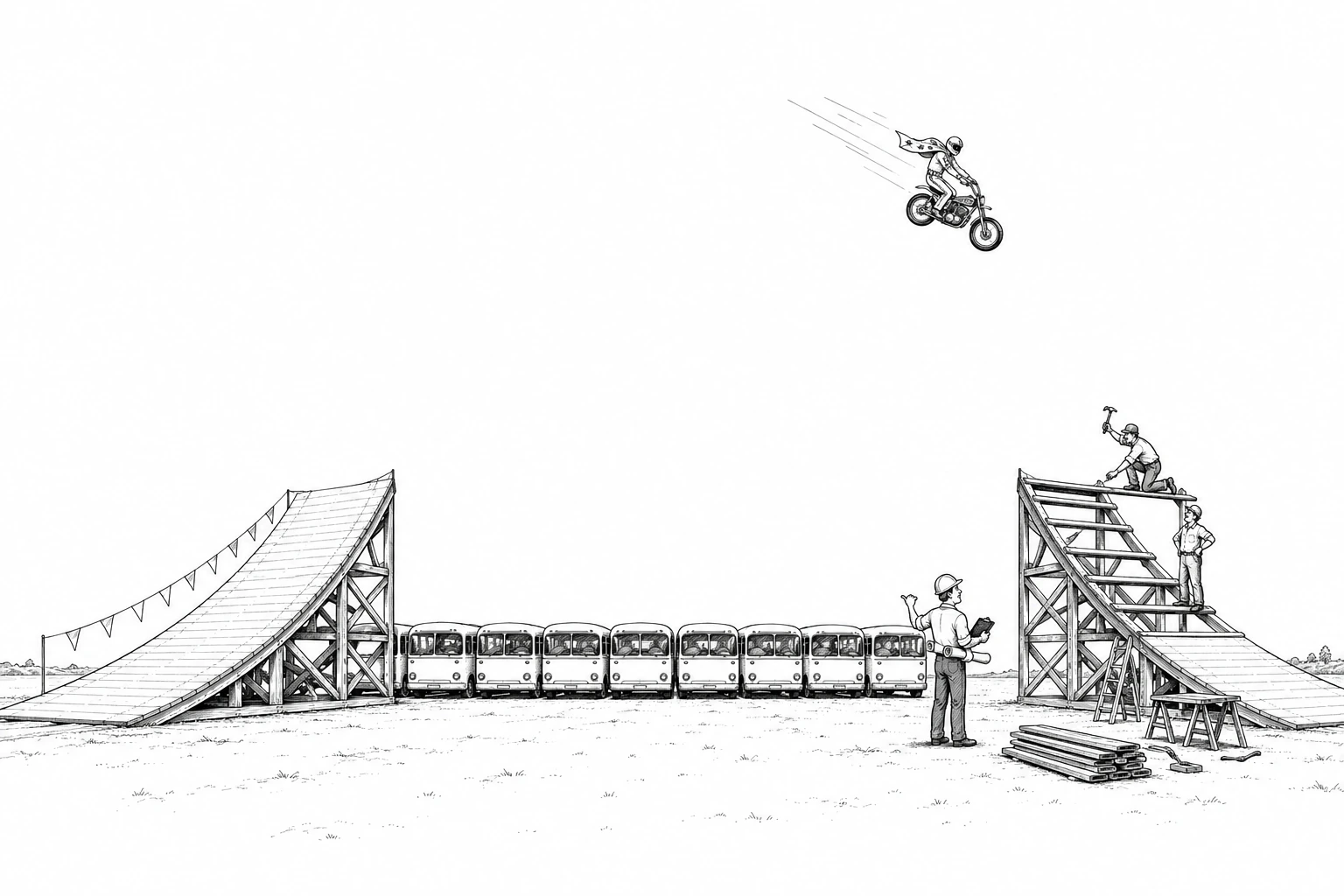 Editorial cartoon: a stunt motorcyclist is airborne above a long row of buses while carpenters are still building the landing ramp on the far side, and an engineer with a clipboard gestures back at the finished take-off ramp.