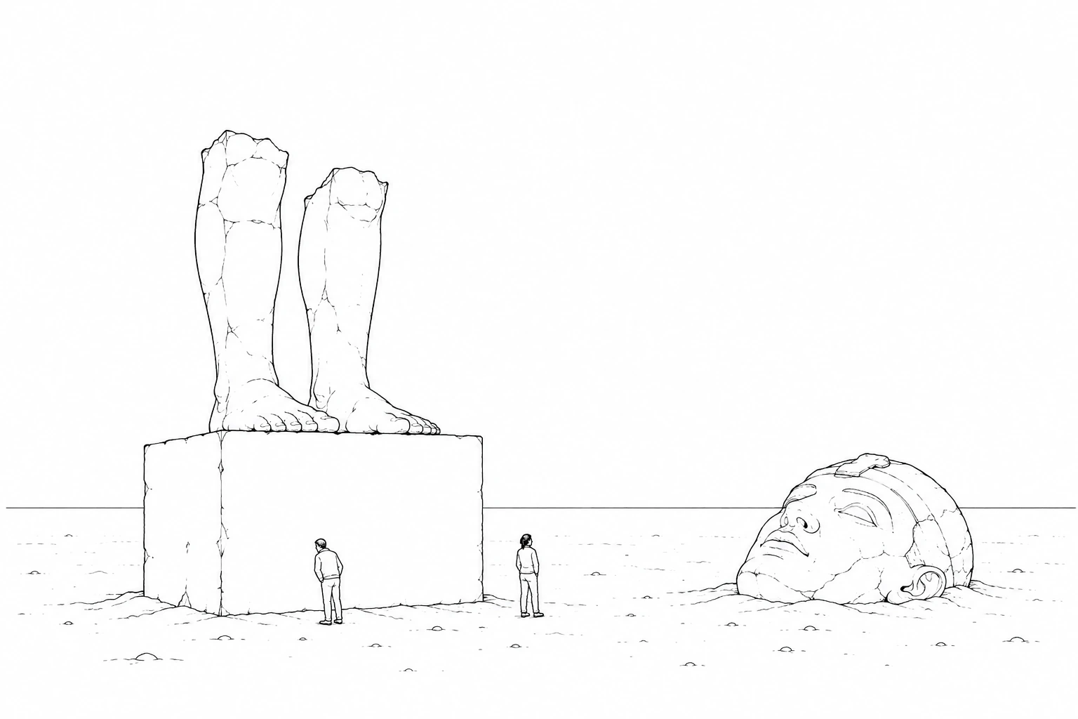 Editorial cartoon: two small modern travellers stand at the blank plinth of a colossal ruined statue in an empty desert, its toppled stone head half-buried in the sand nearby.
